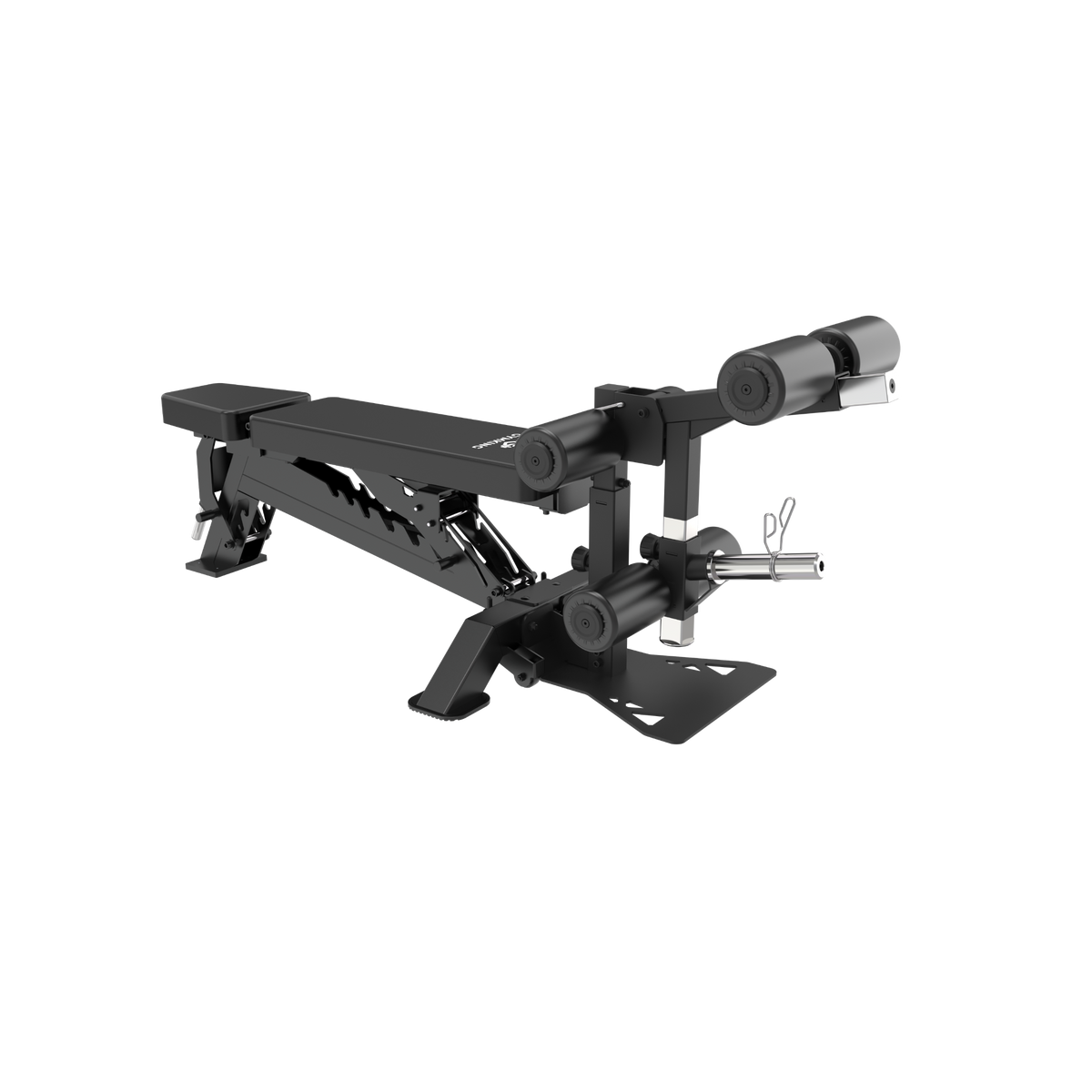 A black adjustable weight bench with a dual roller arm attachment and a small metal hook accessory, shown on a plain white background