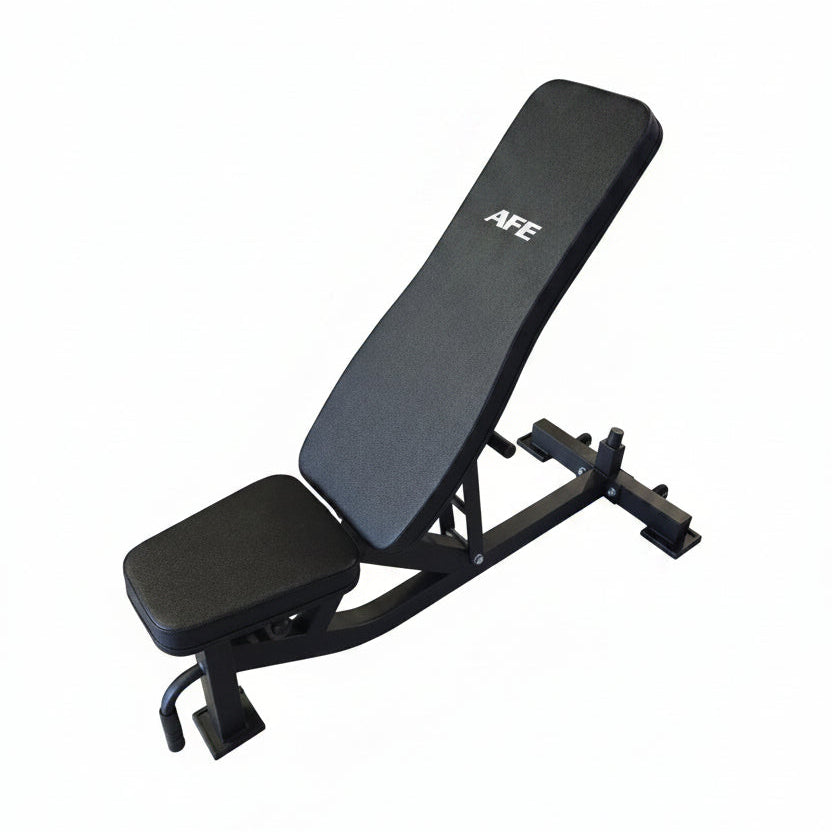 Black weight bench with 'AFe' branding on a wooden floor in a gym setting.