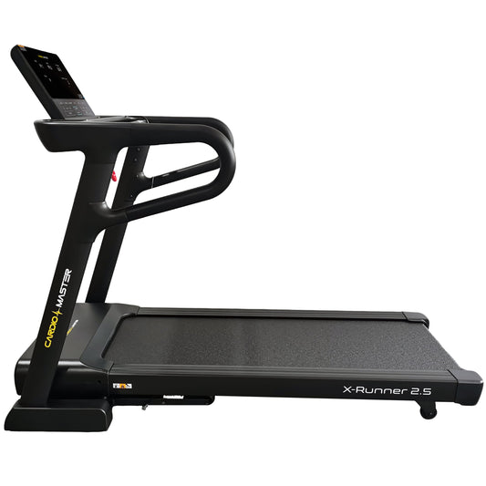 A black CardioMaster X-Runner 2.5 treadmill with a digital display screen and curved handlebars, shown from a side angle on a solid white background.