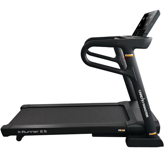A black X-Runner 2.5 treadmill from Cardio Master, shown from a side profile view against a solid white background.