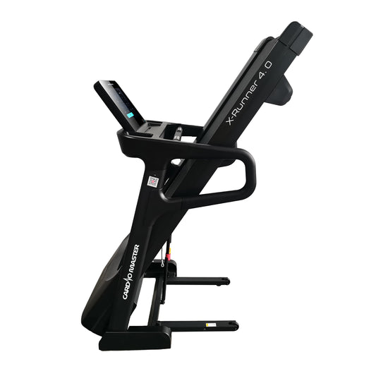 A black XRunner 4.0 Carbon Master treadmill shown from a side profile view against a solid white background.