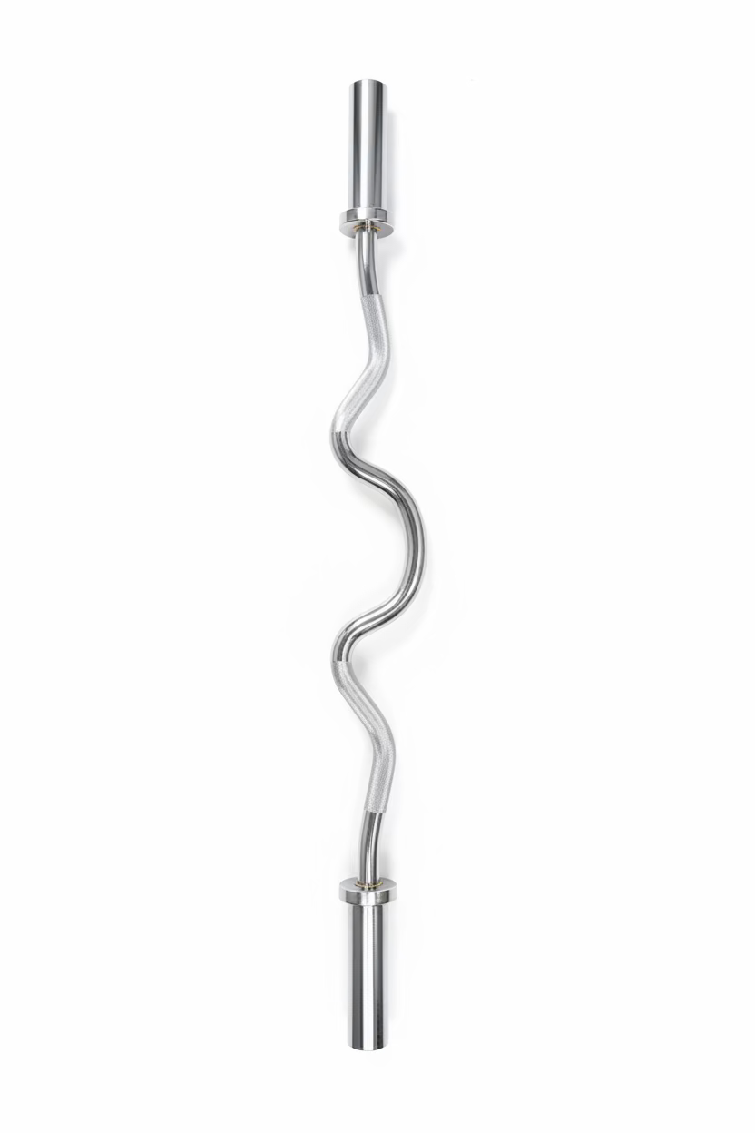 A curved steel barbell with a polished metallic finish, placed diagonally on a gray wood-look laminate floor.