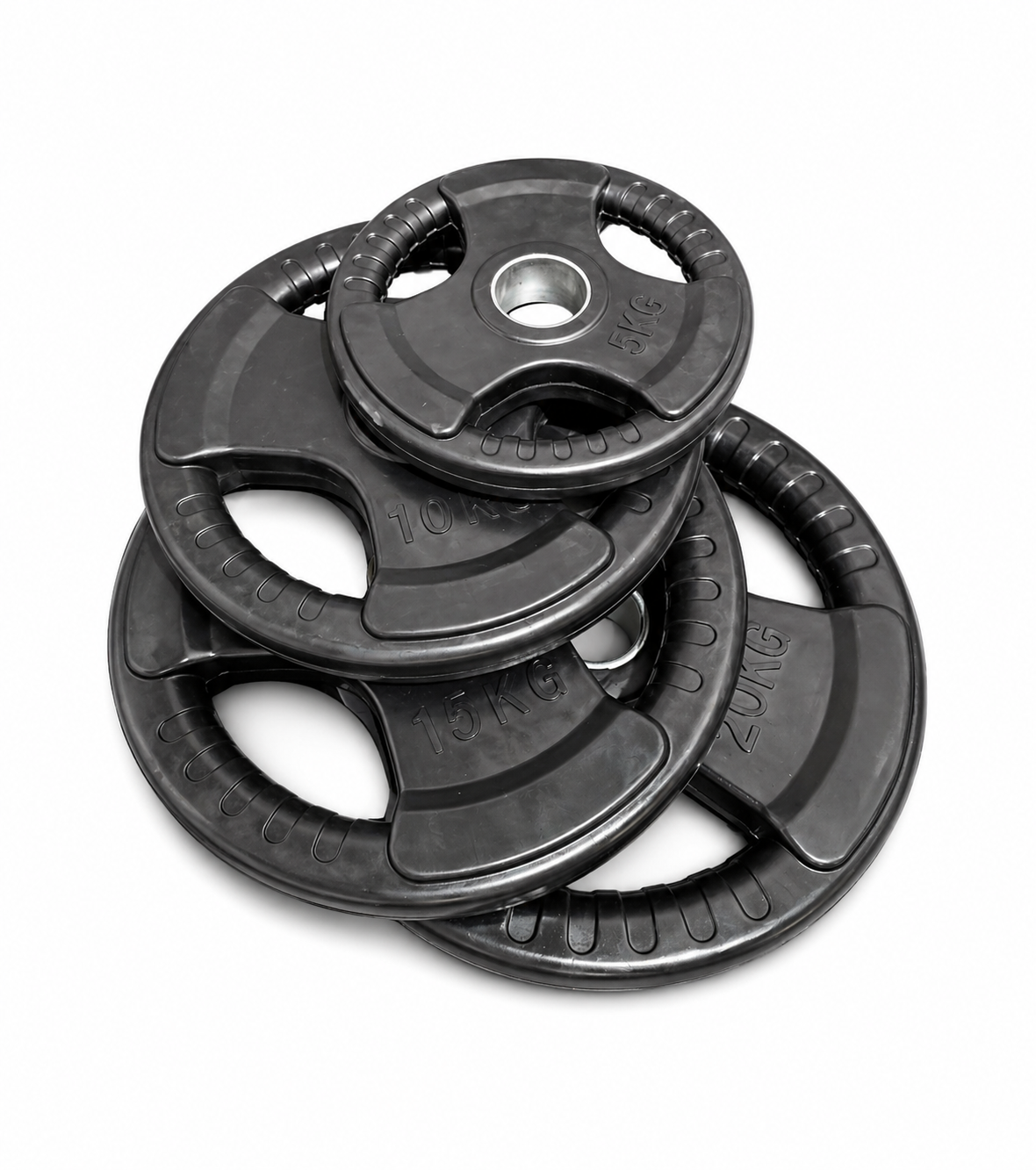 Stack of black weight plates with barbells on a white background