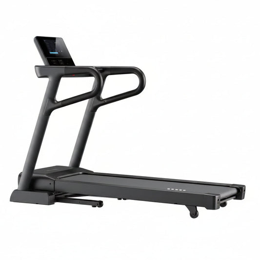 A modern black treadmill with an integrated digital display screen and curved handrails, shown from a three-quarters angle on a plain white background.