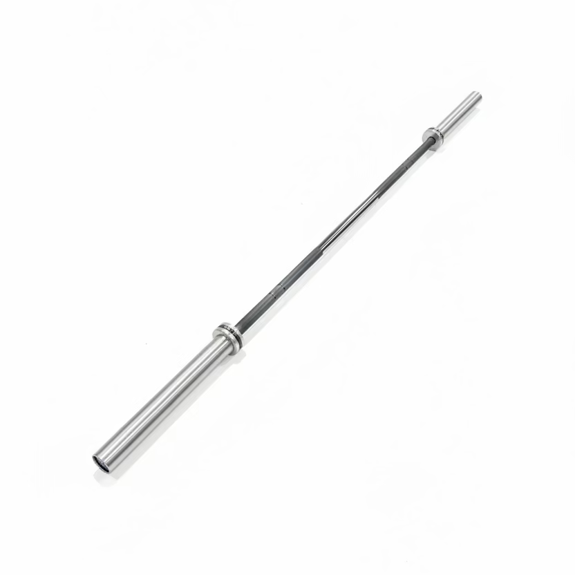 A silver metal barbell resting on dark gray gym floor mats, with weight plates and exercise equipment visible in the background.