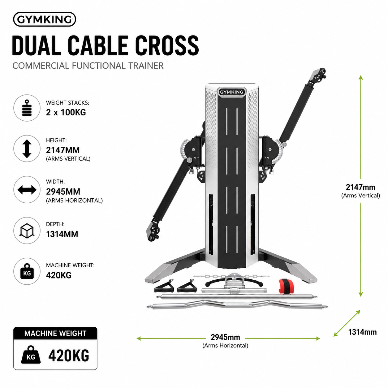 GYMKING Dual Cable Cross commercial functional trainer with specifications