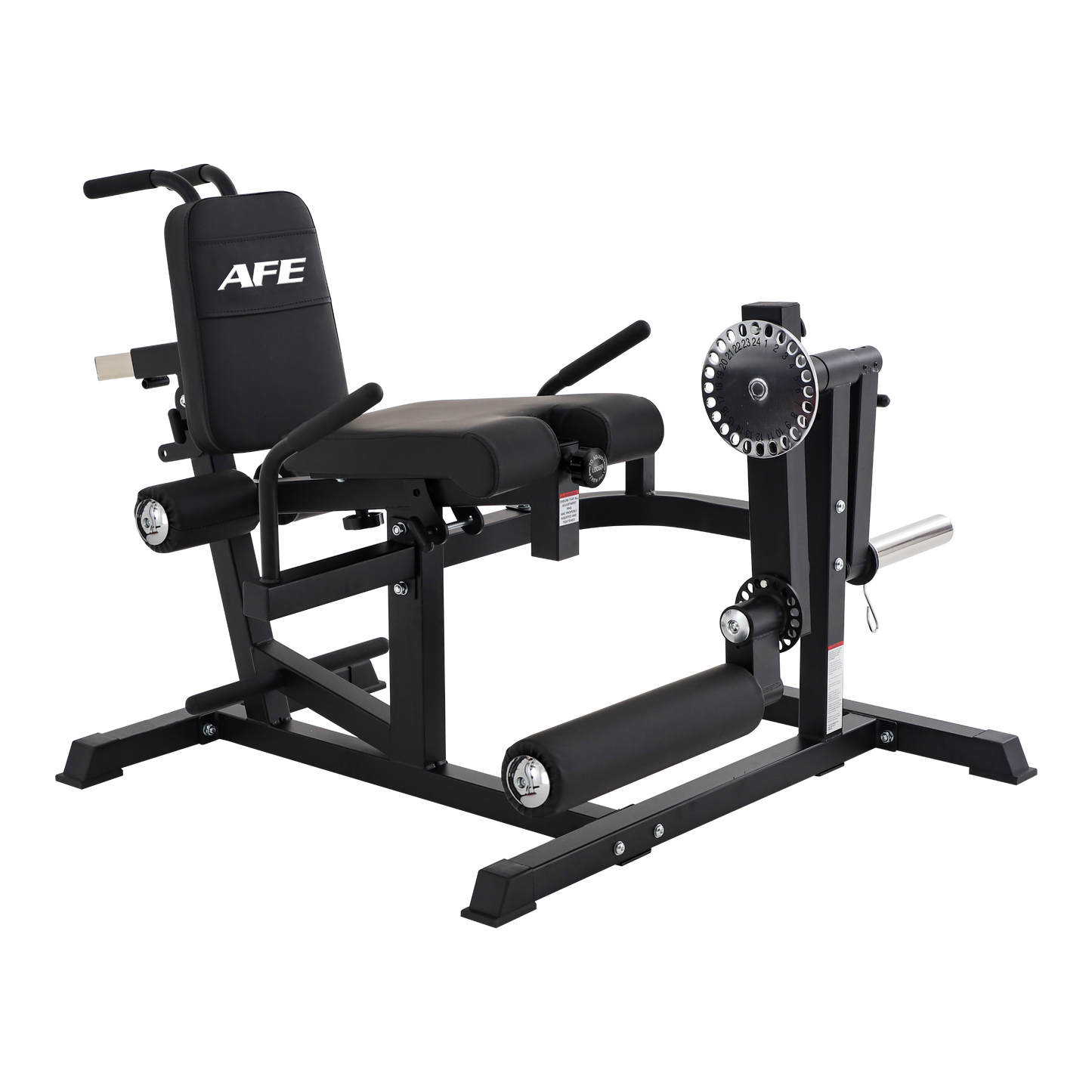 An AFE leg extension gym machine in black and silver, shown from a three-quarter angle on a solid white background.