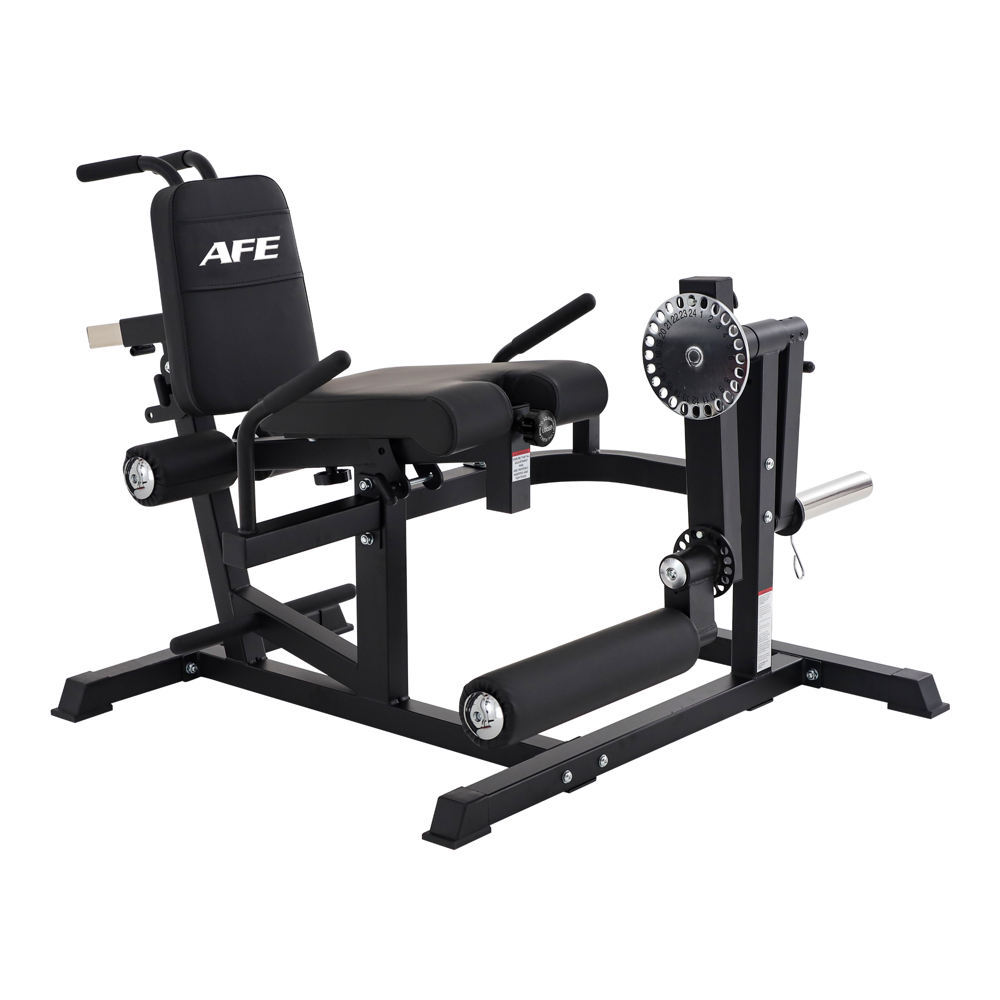 An AFE leg extension gym machine in black and silver, shown from a three-quarter angle on a solid white background.