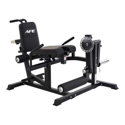 An AFE leg extension gym machine in black and silver, shown from a three-quarter angle on a solid white background.