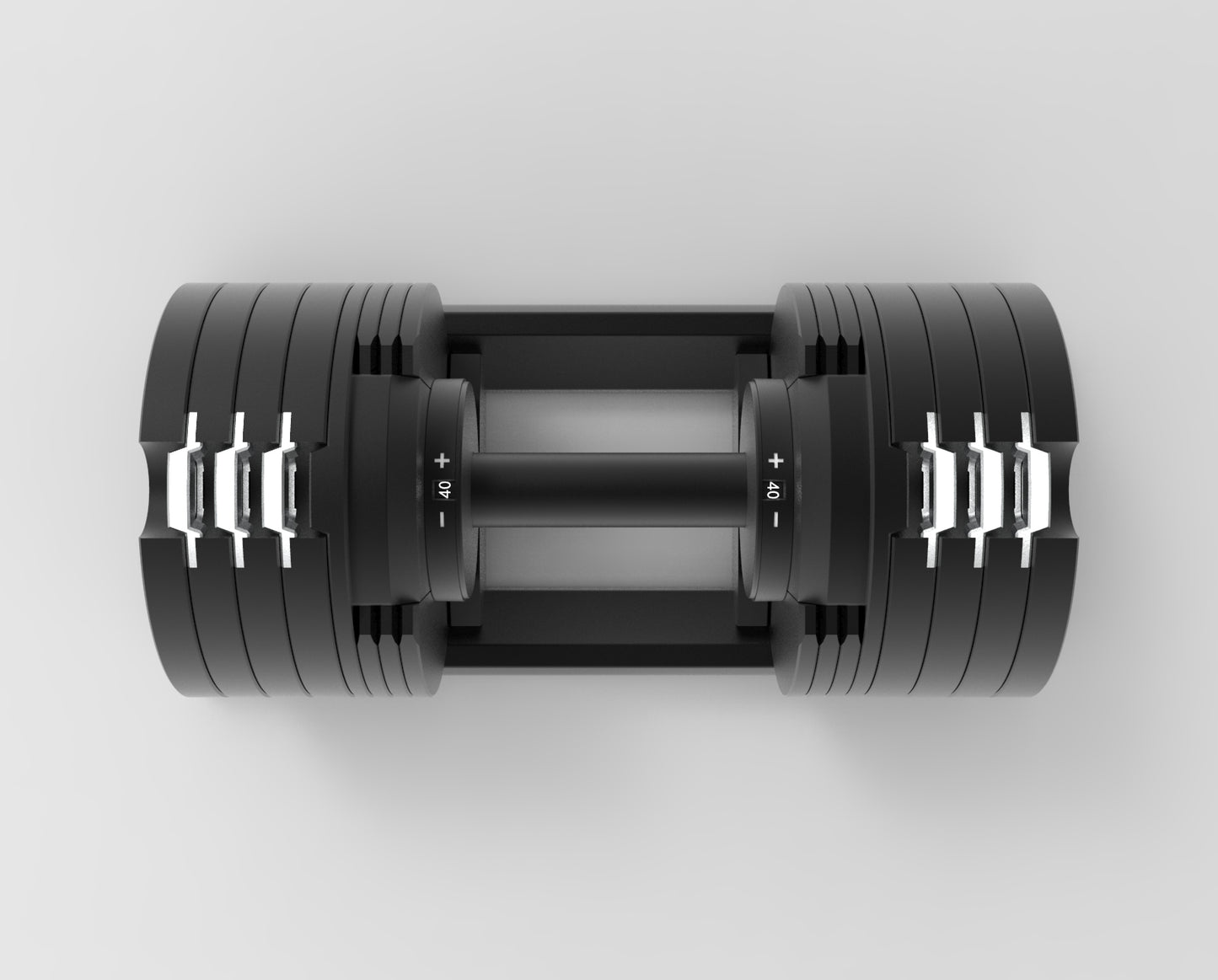 A black adjustable dumbbell with silver metal weight plates on both ends, shown from a top-down perspective on a light gray background.