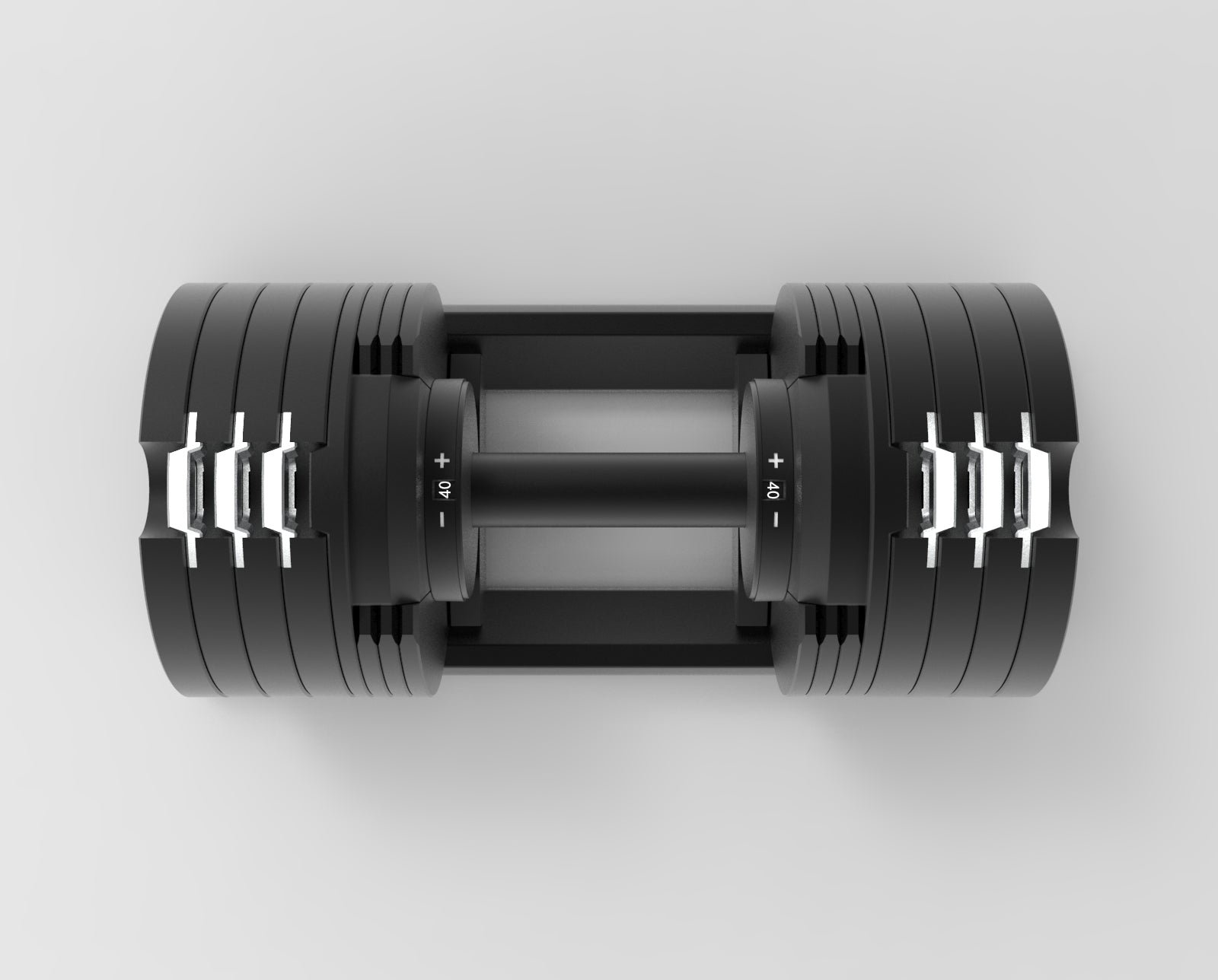 A black adjustable dumbbell with silver metal weight plates on both ends, shown from a top-down perspective on a light gray background.