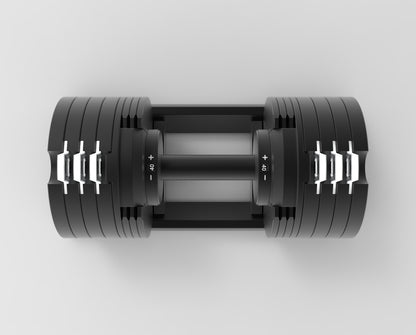 A black adjustable dumbbell with silver metal weight plates on both ends, shown from a top-down perspective on a light gray background.