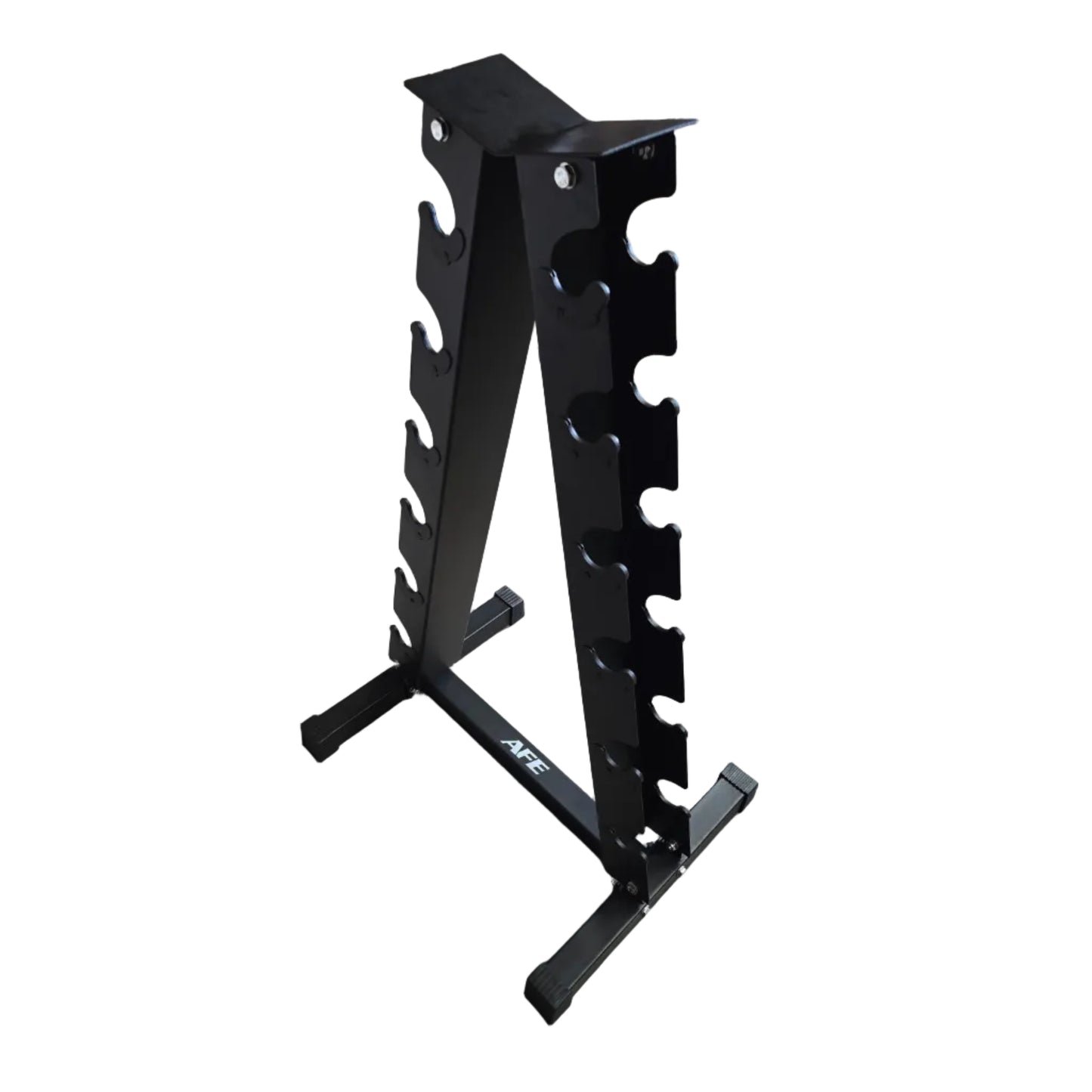 A black metal A-frame dumbbell rack with multiple peg slots, standing on a concrete warehouse floor with cardboard boxes in the background.