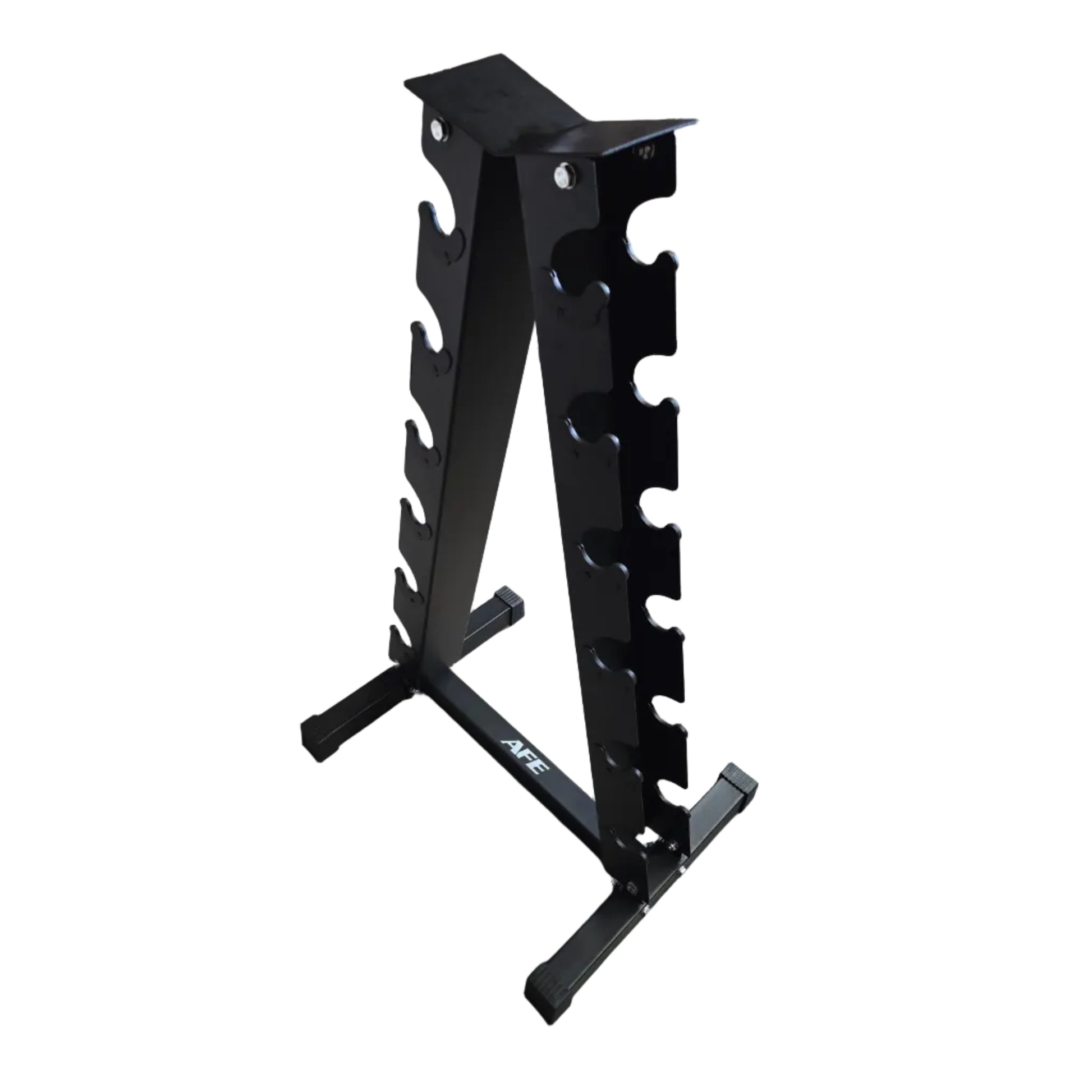 A black metal A-frame dumbbell rack with multiple peg slots, standing on a concrete warehouse floor with cardboard boxes in the background.