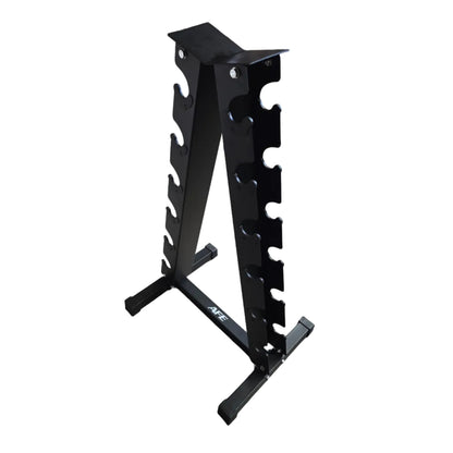 A black metal A-frame dumbbell rack with multiple peg slots, standing on a concrete warehouse floor with cardboard boxes in the background.