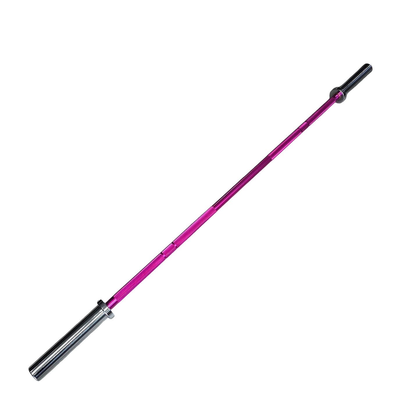 A pink and silver barbell lying diagonally on a gray wood-look laminate floor, with gym equipment partially visible in the background.