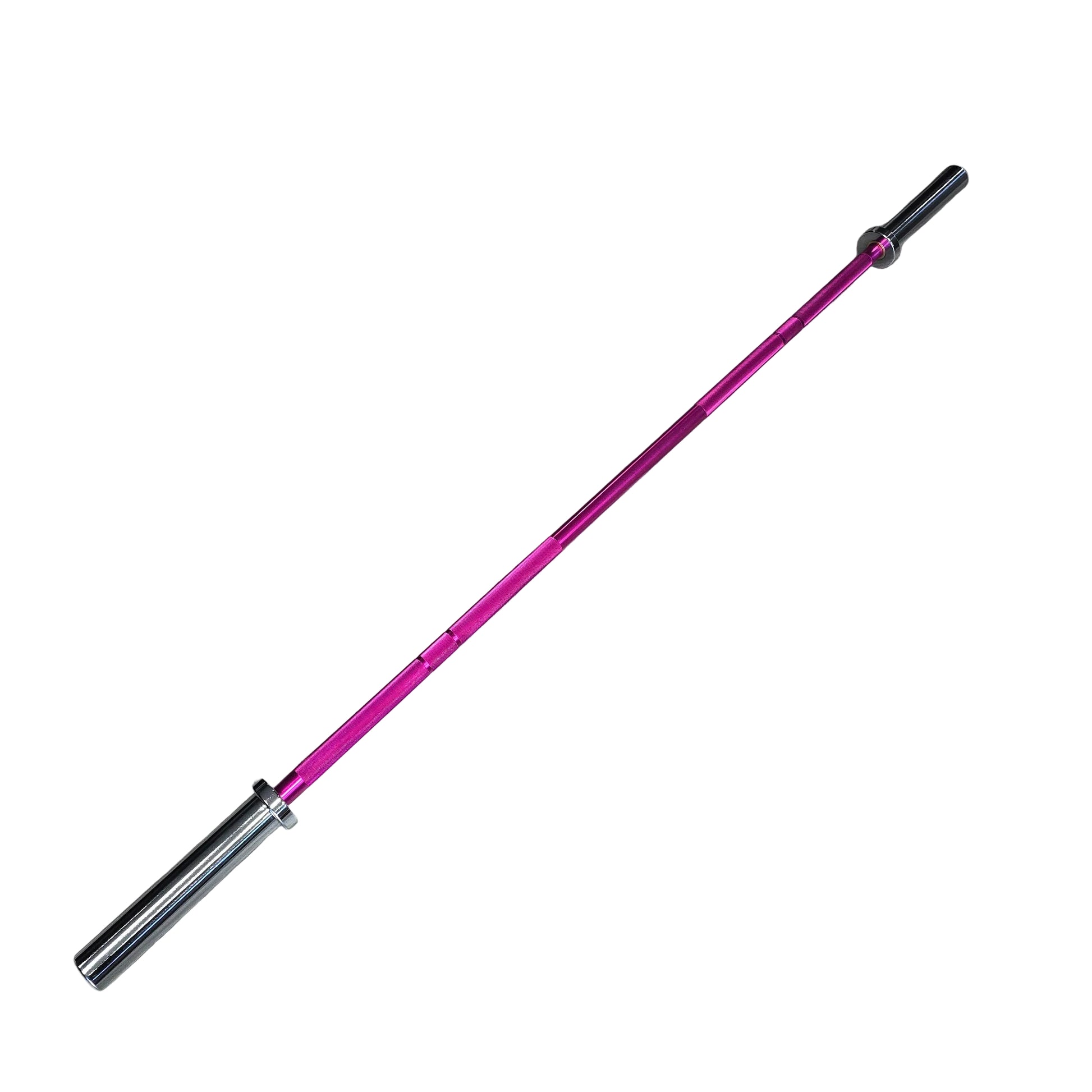A pink and silver barbell lying diagonally on a gray wood-look laminate floor, with gym equipment partially visible in the background.