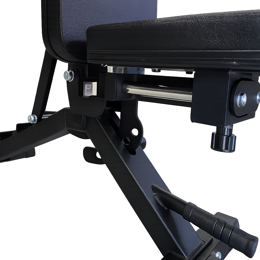 Close-up of a black exercise bench with adjustable components on a white background