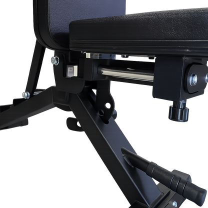 Close-up of a black exercise bench with adjustable components on a white background