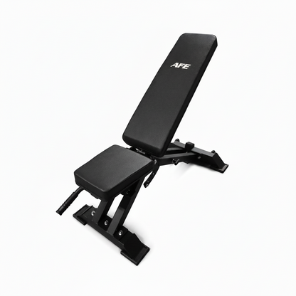 Black adjustable weight bench with 'AFE' branding on a white background