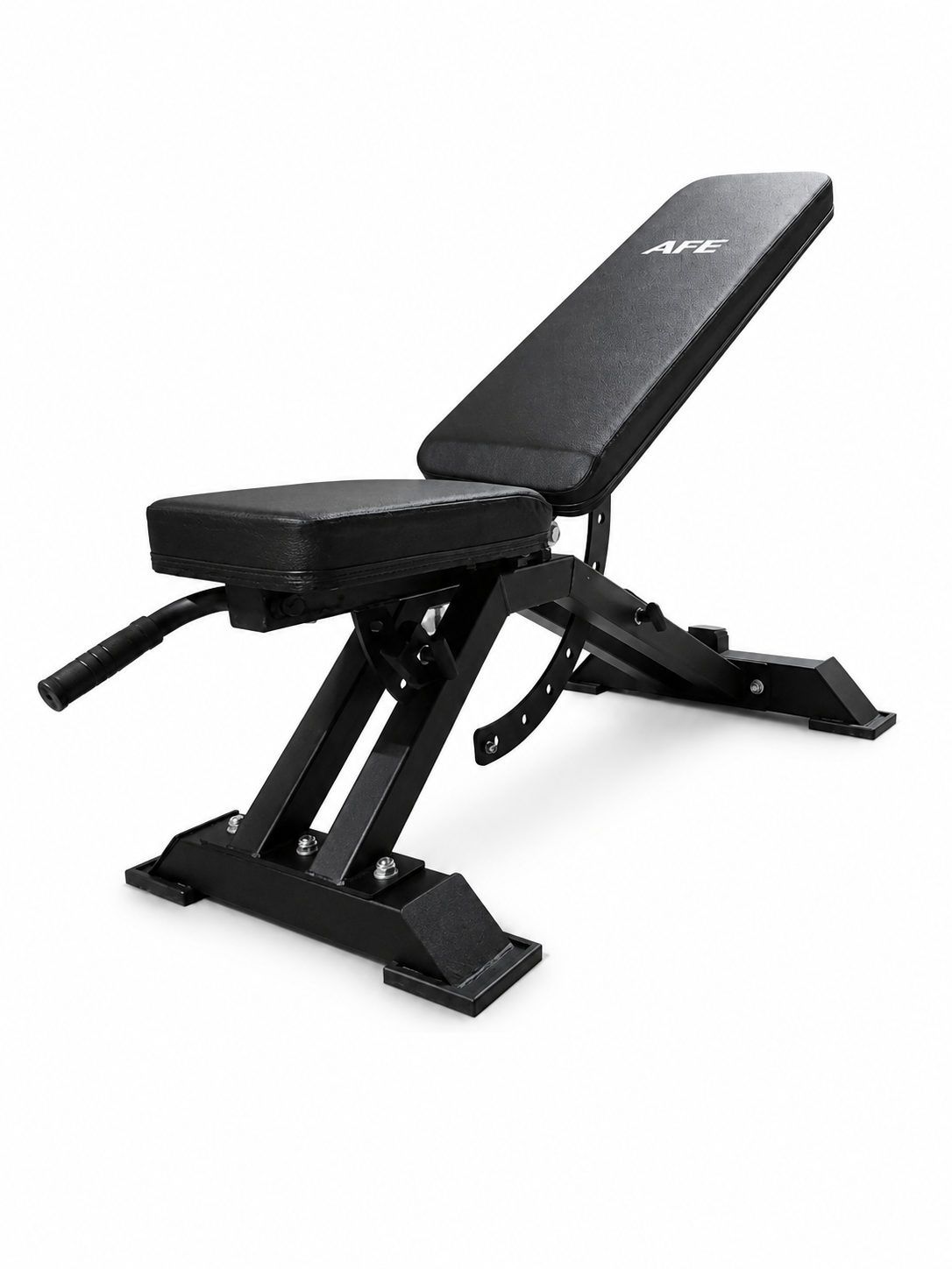 Black adjustable weight bench on a white background