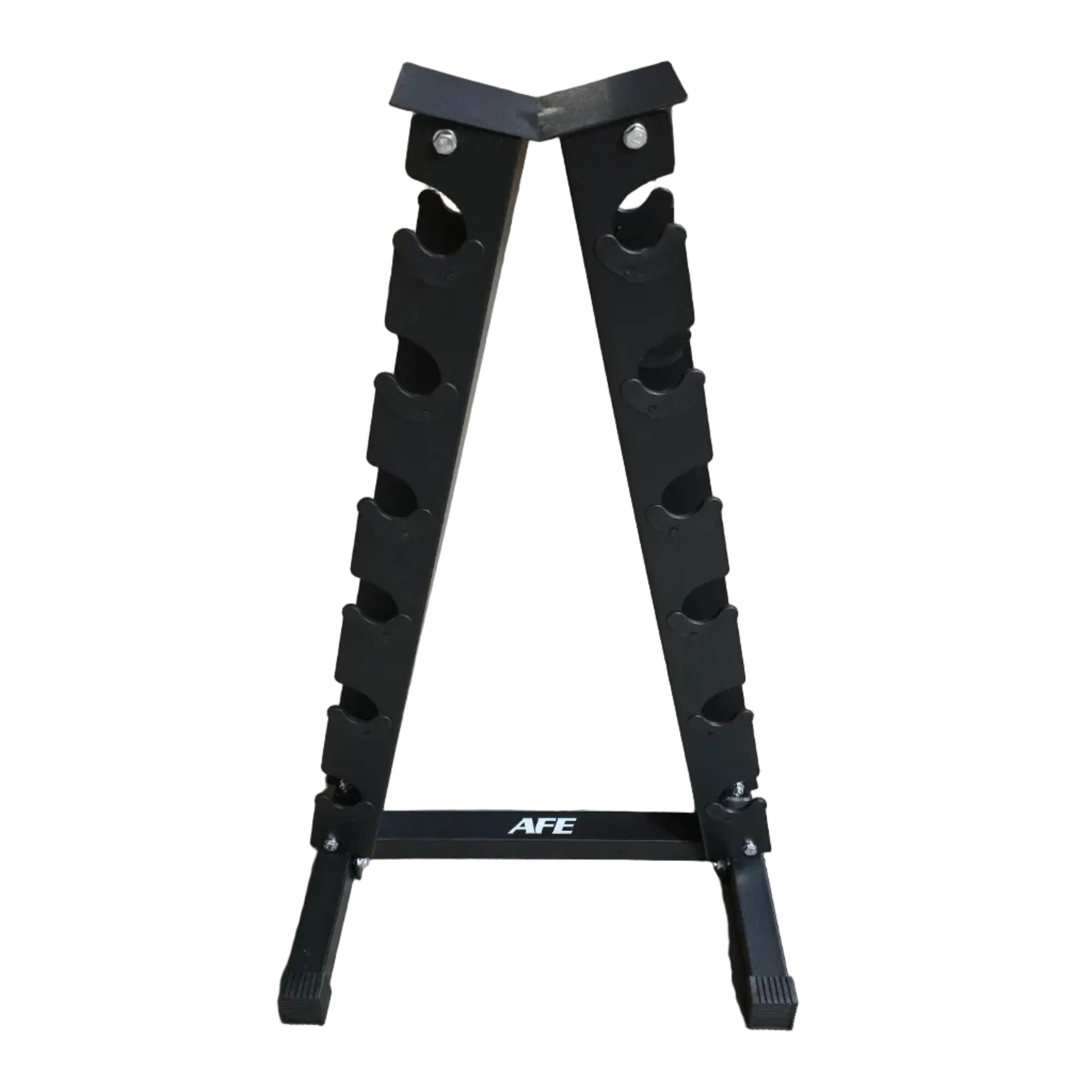 A black metal AFE weight rack stand with multiple peg slots, photographed in a warehouse setting with stacked cardboard boxes in the background.