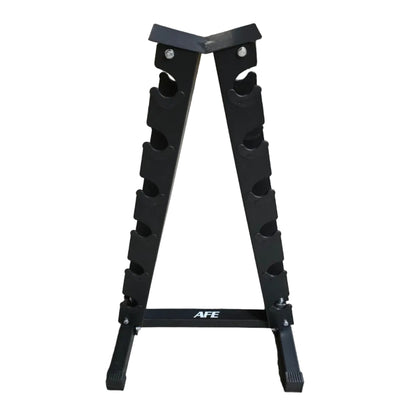 A black metal AFE weight rack stand with multiple peg slots, photographed in a warehouse setting with stacked cardboard boxes in the background.