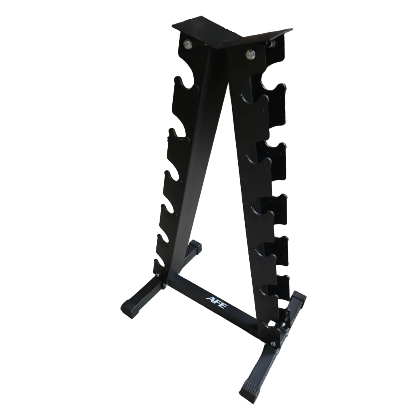 A black metal A-frame dumbbell rack with multiple pegs, photographed in a warehouse setting with cardboard boxes and a person's legs visible at the left edge.
