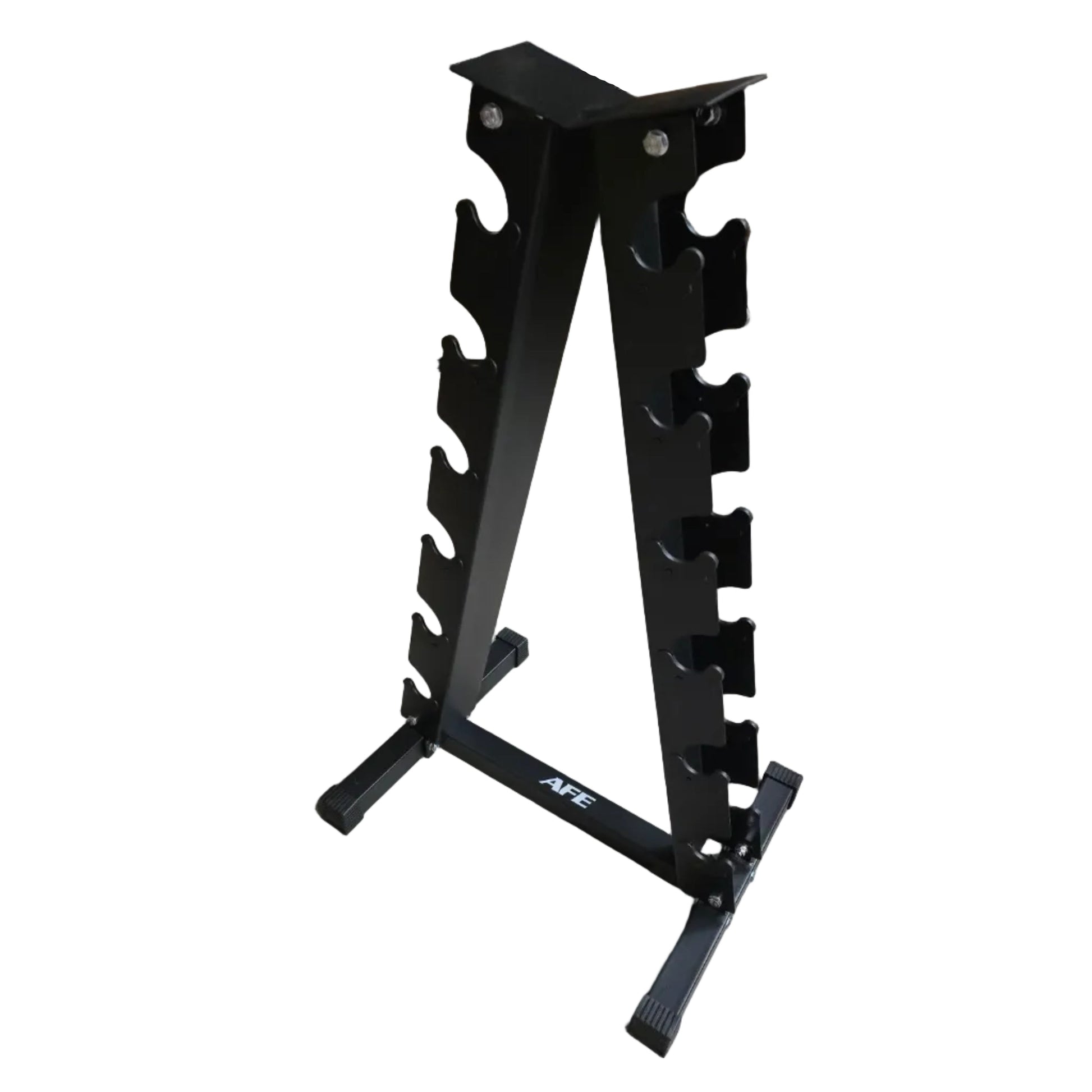 A black metal A-frame dumbbell rack with multiple pegs, photographed in a warehouse setting with cardboard boxes and a person's legs visible at the left edge.