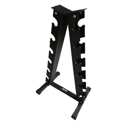 A black metal A-frame dumbbell rack with multiple pegs, photographed in a warehouse setting with cardboard boxes and a person's legs visible at the left edge.