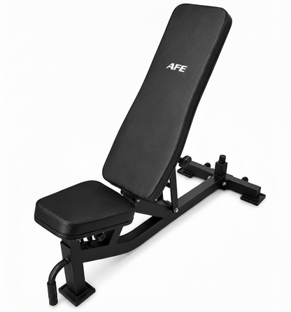 Black weight bench with 'AFE' branding on a white background