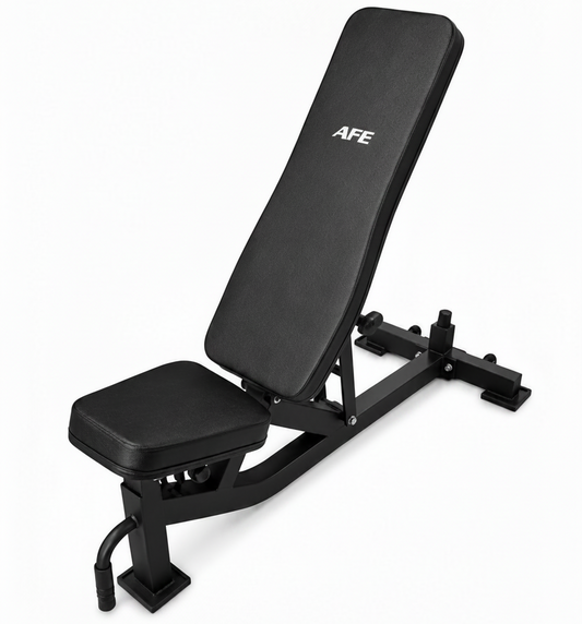 Black weight bench with 'AFE' branding on a white background