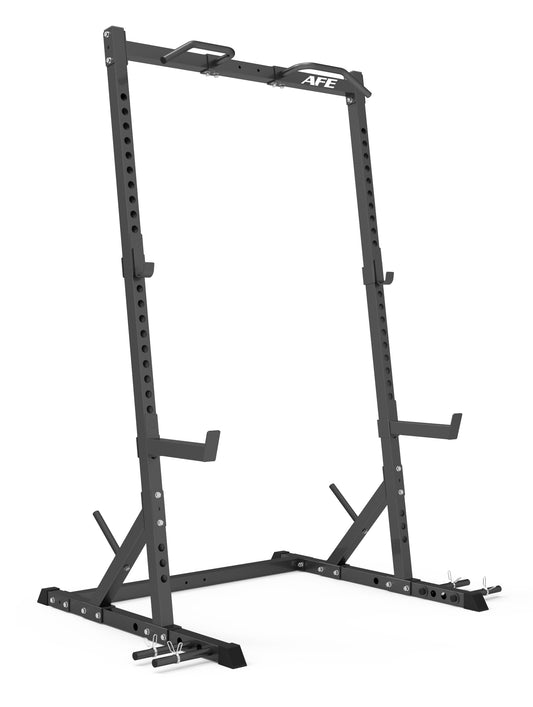 A black AFE power rack with multiple attachment points, weight plates, and a top pull-up bar, shown on a solid white background.