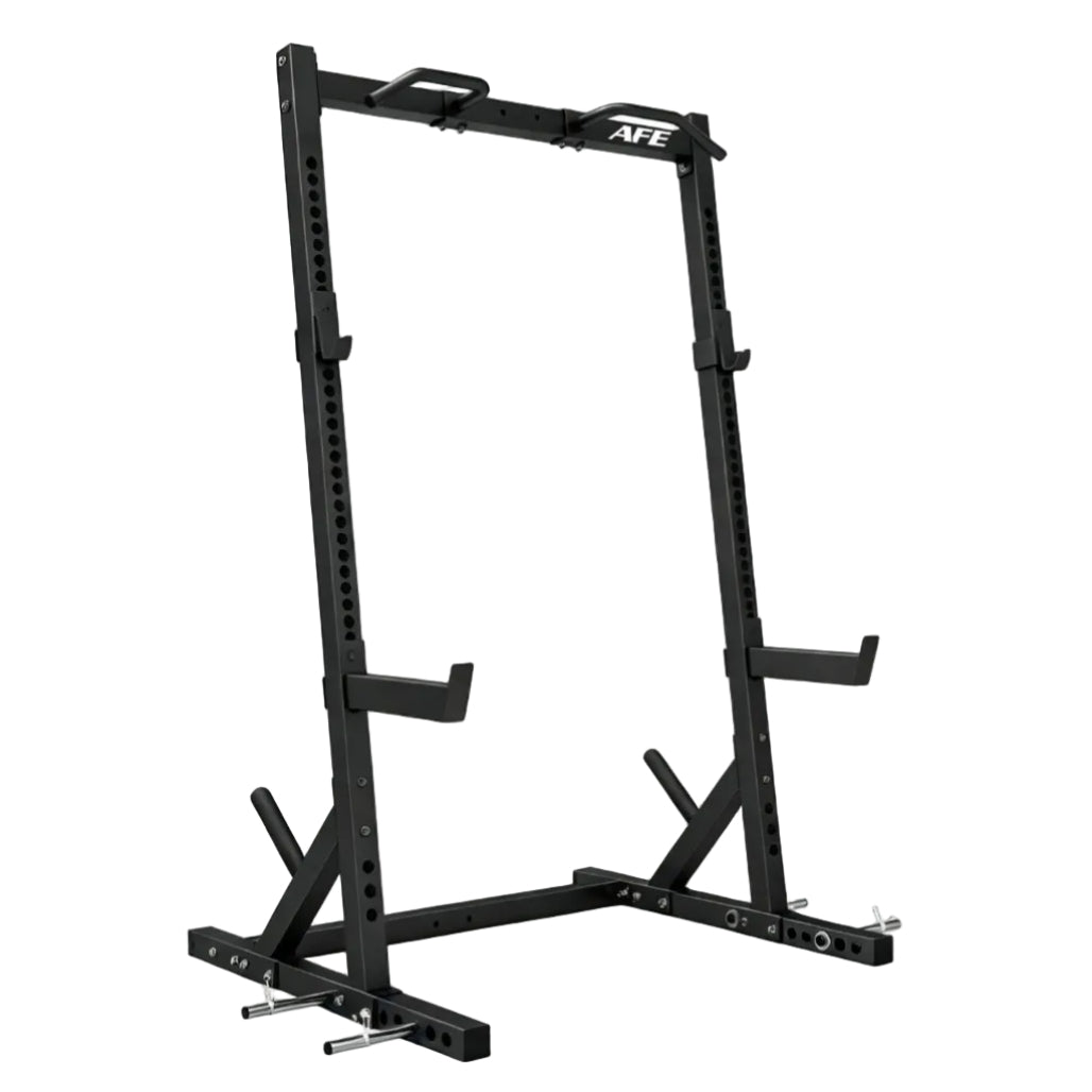Black AFE power rack with safety handles and pull-up bar, shown on a clean white background.
