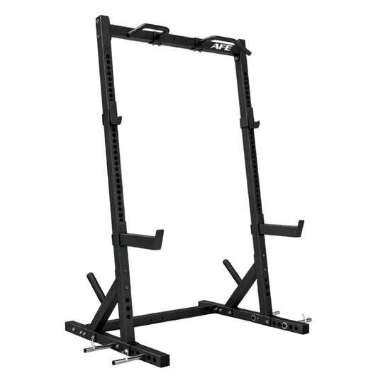 AFE Half Rack Pro in black with 60mm uprights, chin-up bars, J-hooks and safety catchers, on a white background
