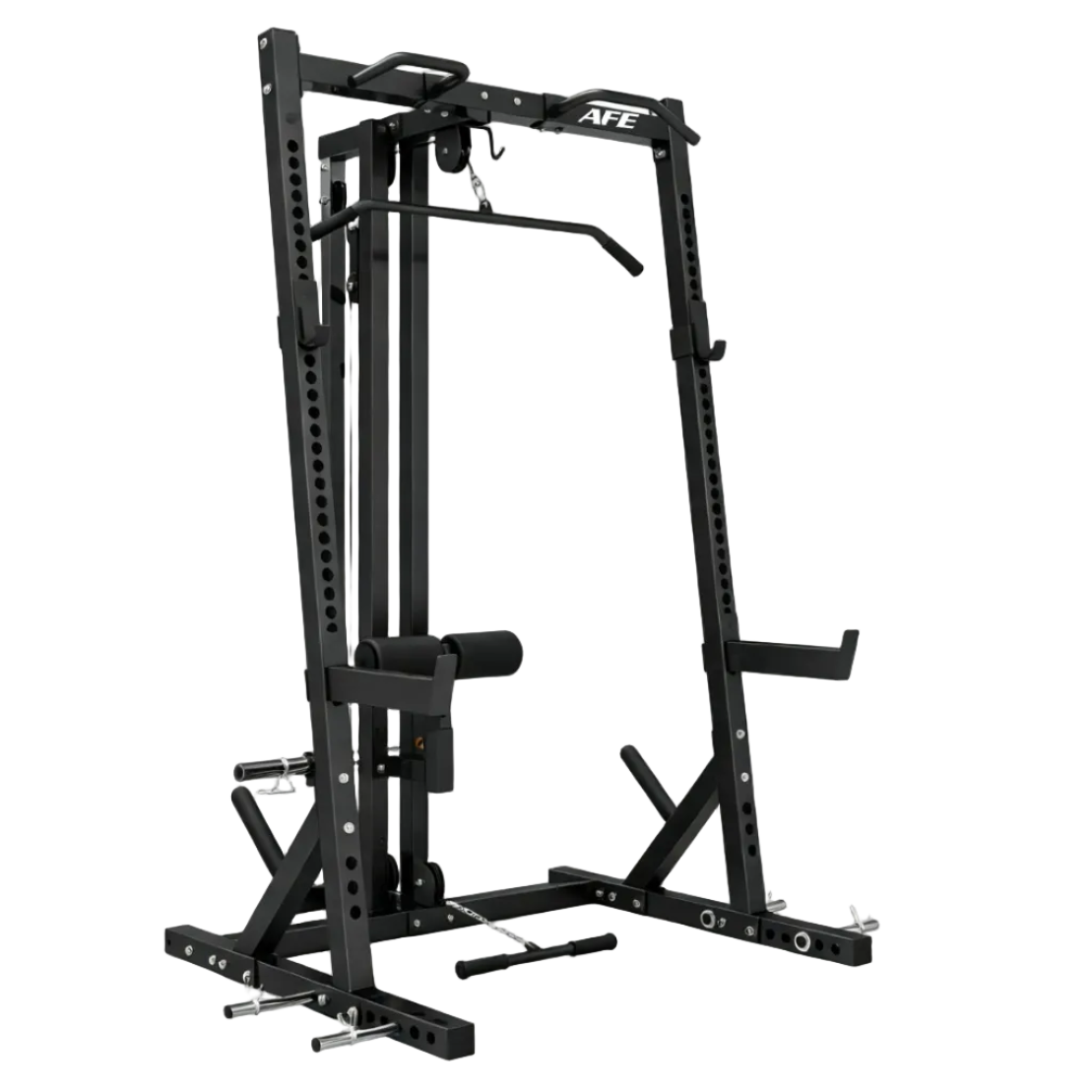 Black AFE dual functional strength training machine with pull-up bar, cable pulley system, and attachment handles, shown on a white background.