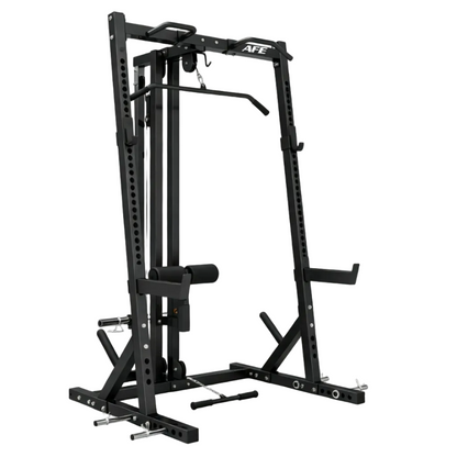 Black AFE dual functional strength training machine with pull-up bar, cable pulley system, and attachment handles, shown on a white background.