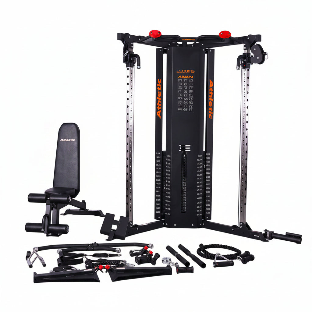 Gym equipment set including a weight bench and cable machine on a white background