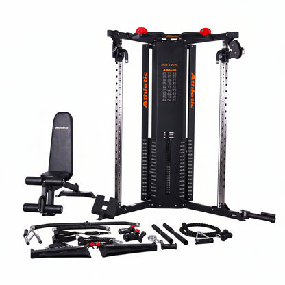 Gym equipment set including a weight bench and cable machine on a white background