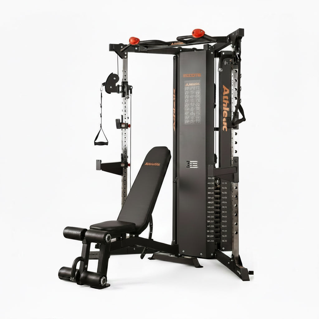 Multigym fitness equipment with weight bench on a white background