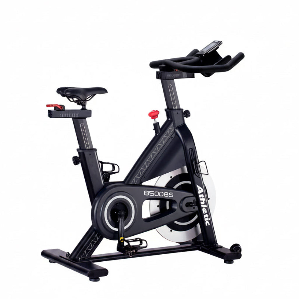 Black exercise bike with brand name on a white background