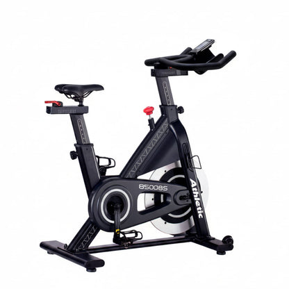 Black exercise bike with brand name on a white background
