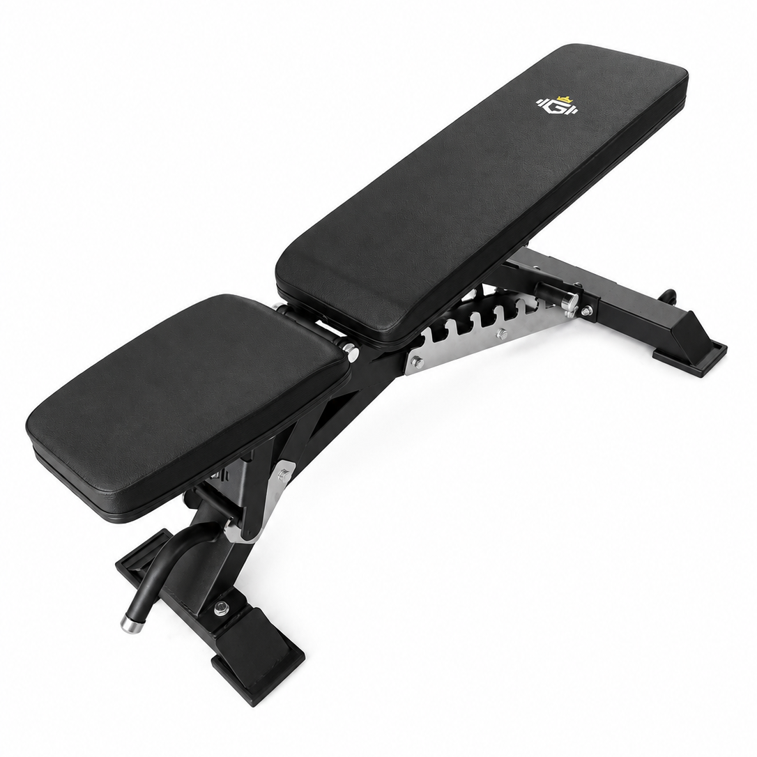Black adjustable weight bench on a white background