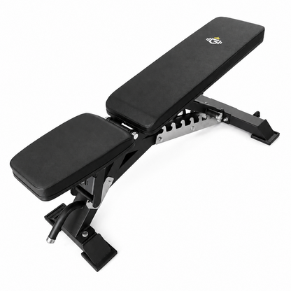 Black adjustable weight bench on a white background