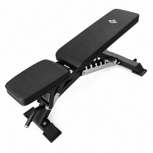 Black adjustable weight bench on a white background