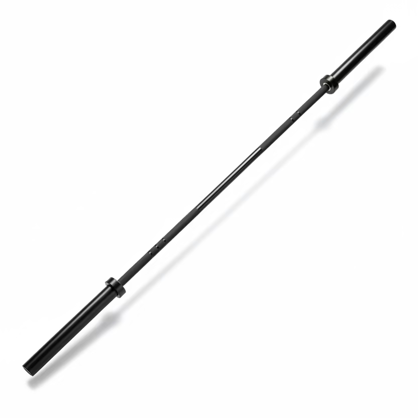 A black metal barbell resting diagonally on a gray wood-look laminate floor.