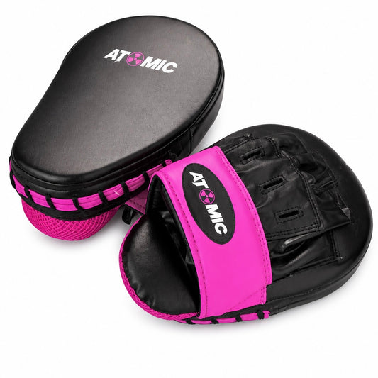 Black and pink Atomic training pads on a white background