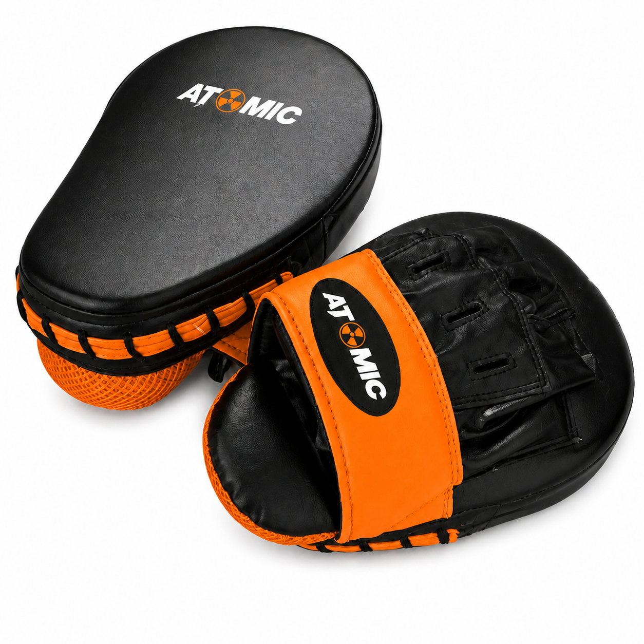 Black and orange martial arts mitts with 'Atomic' branding on a white background