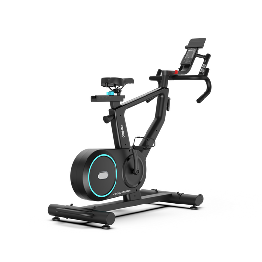 A black indoor cycling machine with a digital display screen, padded seat, and a glowing blue circular accent on the flywheel, shown on a solid white background.