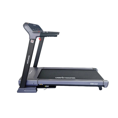 A Cardio Invasor CHM-3.0 treadmill with a dark gray and black design, shown from a side angle on a plain white background.